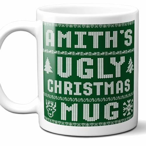 Amith Name Christmas Gift. Personalized Ugly Christmas Sweater Coffee Mug. Funny Custom Xmas Gift, Stocking Stuffer For Friends, Coworkers And Person Who Has Everything. 11 Ounces.