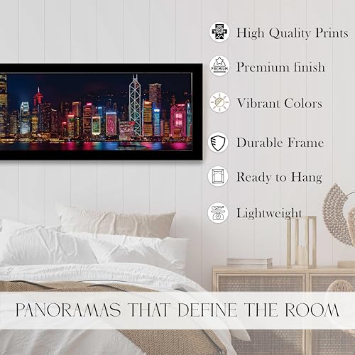 Image of PAINTINGMANTRA Vibrant Hong Kong Skyline at Night Cityscape Wall Art Framed Luxury Paintings for Home Decoration, Living room, Bedroom and Office Decoration (99x38 CM)
