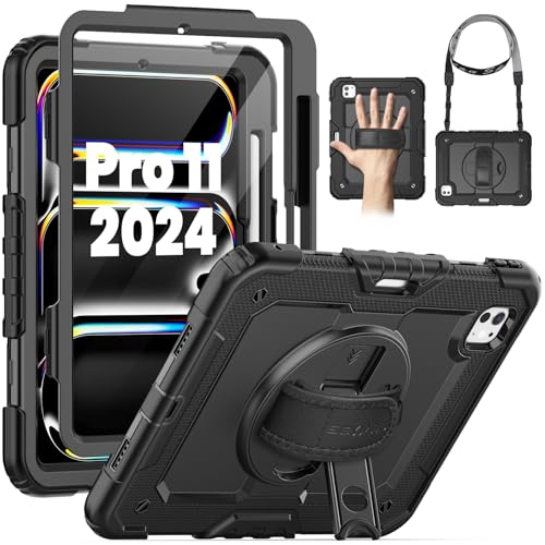 SEYMAC for iPad Pro 11 Inch Case 2024 (M4), Heavy Duty Shockproof Protective Case with Screen Protector, 360° Rotating Stand, Hand/Shoulder Strap and Pen Holder for iPad Pro 11 2024, Black