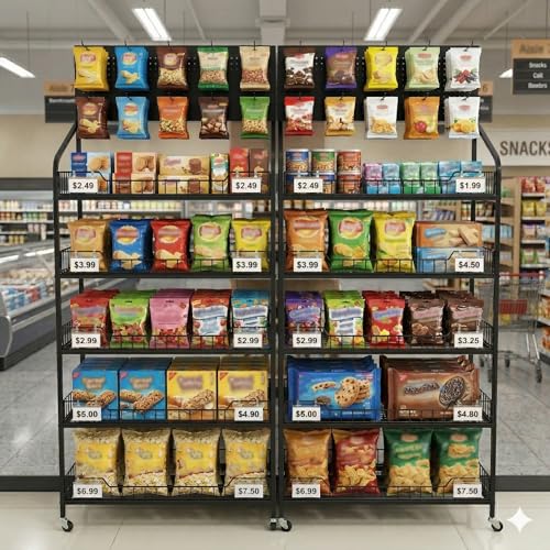 Yuwoune Commercial 5 Tier Freestanding Retail Display Rack for Snacks and Candy, Heavy Duty Q235 Steel Chip Stand with Sliding Baskets, 360° Rotating Silent Wheels, 4 Foot Pads & 10 Price Tags by Yuwoune - Image 4