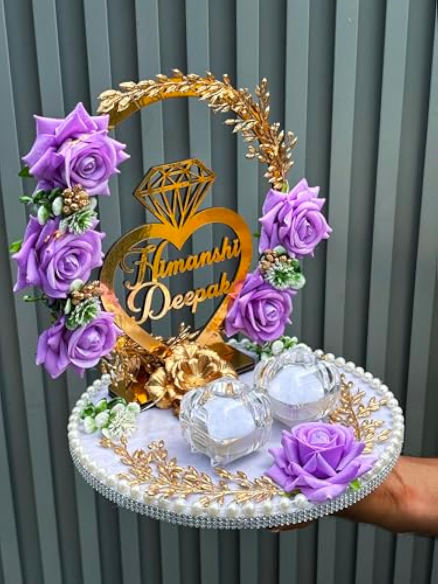 Wood Personalized Flower Design Engagement Ring Tray Platter