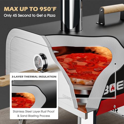 ABORON Pizza Oven Outdoor,13" Multi-Fuel Rotatable Pizza Ovens,Portable Wood Fired and Gas Pizza Oven,Stainless Steel 3-Layer Oven,Pizza Maker with Built-in Thermometer,Pizza Cutter & Carry Bag