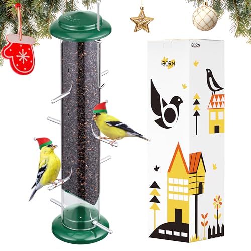 iBorn Metal Niger Seed Bird Feeder for Outdoors,Bird Feeders Hanging Hanging,Bird Seed feeder for Goldfinch，Bird Feeders for Small Birds with 12 Small Ports,8 Metal Perches,35.6cm（14 Inch）,Green
