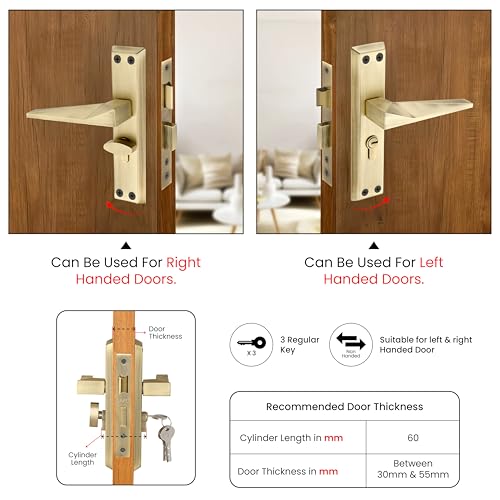 Image of LAPO Mortise Door Lock for Home Main Door & Bedroom with Handle | Left-Right Fit 30-50mm Door Home Office Hotel | 3 Brass Keys | Heavy-Duty 60mm Cylinder | 45x45mm Body | Antique Finish | CY-136