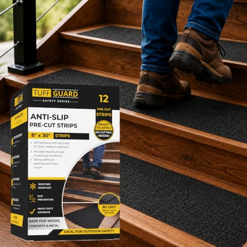 Tuffguard Outdoor Stair Treads Non-Slip - 12 Pack Pre-Cut 8"x30" Outdoor Anti-Slip Tape | High Traction, Weather-Resistant, Black (8"x30")