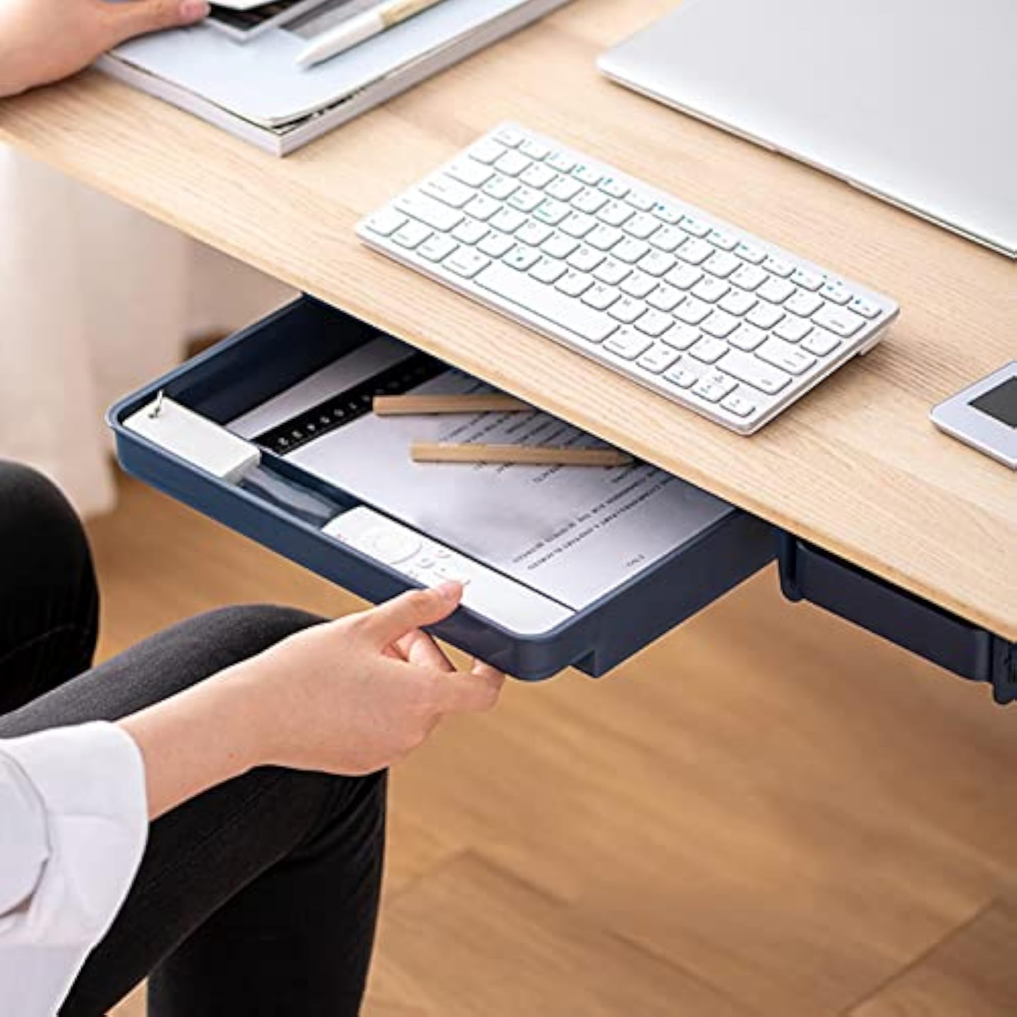 Under Desk Drawer Expandable Pen Holder Blue