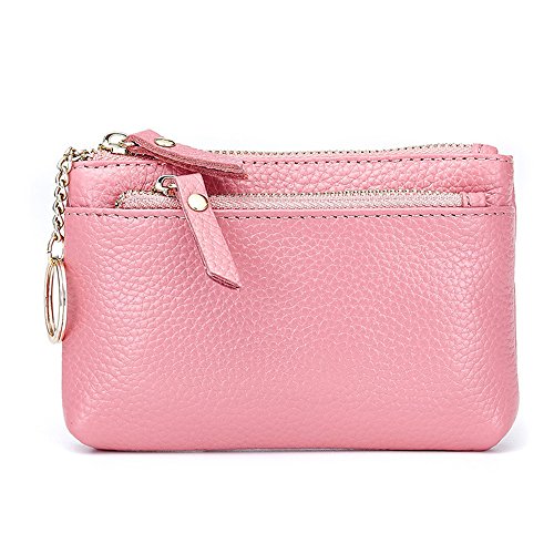 Aladin Leather Coin Purse with Key Chain - Triple Zipper Card Holder Wallet Pink
