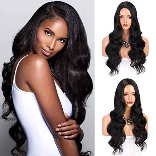 ENTRANCED STYLES Long Black Wigs for Women Side Part Heat Resistant Synthetic Wig Natural Looking Daily Party Cosplay Use Long Wavy Hair Wig 26 Inch