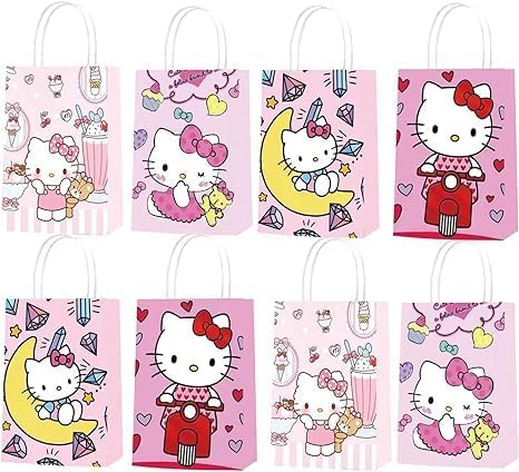 12 bolsas de fiesta temática de gato rosa, bolsas de regalo, bolsa de papel, feliz cumpleaños, decoración de fiesta, suministros de fiesta