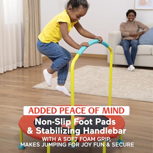 Image of Fisher-Price 3-Foot Mini Trampoline, WonderJump 36-Inch Round Indoor Toddler Kids Trampoline with Stabilizing Handlebar