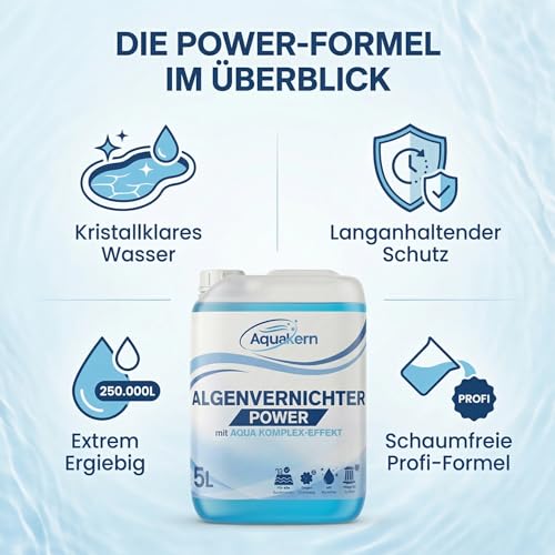 Aquakern Algenvernichter Power 5L [mit Aqua KLAR KOMPLEX] entfernt Grünbelag | Algizid bei Grünalgen | Für mehr als 250.000 Liter | Schaumfreier Algenverhüter | Algenschutz für Pool | Made in Germany