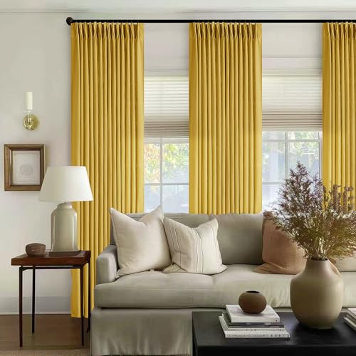 Image of Extra Long Mustard Yellow Linen Curtains 120 Inches Long Gold Yellow Funky Farmhouse Rustic Curtain Light Filtering Semi Sheer Back Tab Pinch Pleat Curtain for Tall Ceiling Living Room 2 Panels