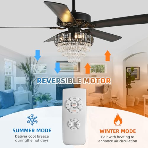 Modern Crystal Ceiling Fans with Lights and Remote Control Farmhouse Retro Black Ceiling Fan Light 52 Inch Fandelier Ceiling Fan for Living Room Dining Room Bedroom Office