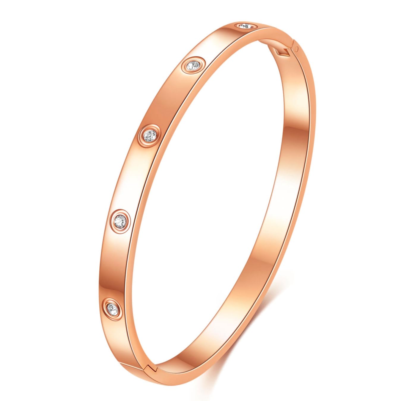 MYNENEY Gold/Silver Womens Link Bracelets Stainless Steel Pave Cubic Zironia Simulate Diamond Stackable Oval Hinged Bangle Bracelet 6-9Inch (6mm-Crystal Rose Gold, 7 Inch)