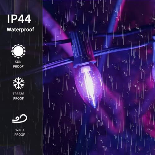 Image of 25FT C7 Purple LED String Lights, Black Wire Outdoor Halloween | IP44 Waterproof & Shatterproof, End-to-End Connectable, Perfect for Patio, Porch, Railing, Party or Holiday Decor