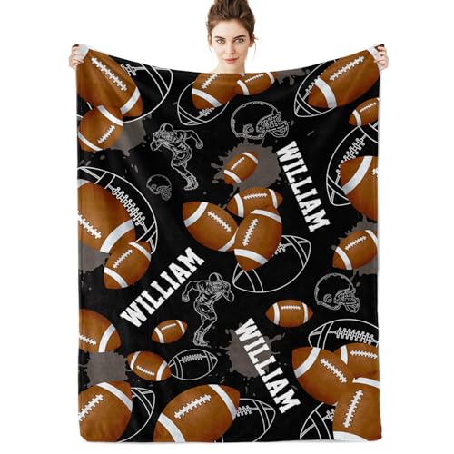 Custom Name Football Blanket, Personalized Soft Plush Flannel/Sherpa Fleece Throw Blankets, Ball Sports Blanket for Baby Kid Teen Adult Boys Girls Gift Color03
