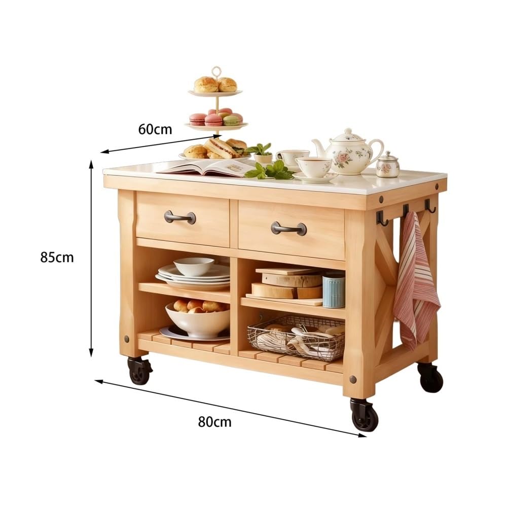 Carrello da cucina Isola della cucina con rotelle for fattoria, cassetti e ripiani superiori in legno massello e pietra(S)