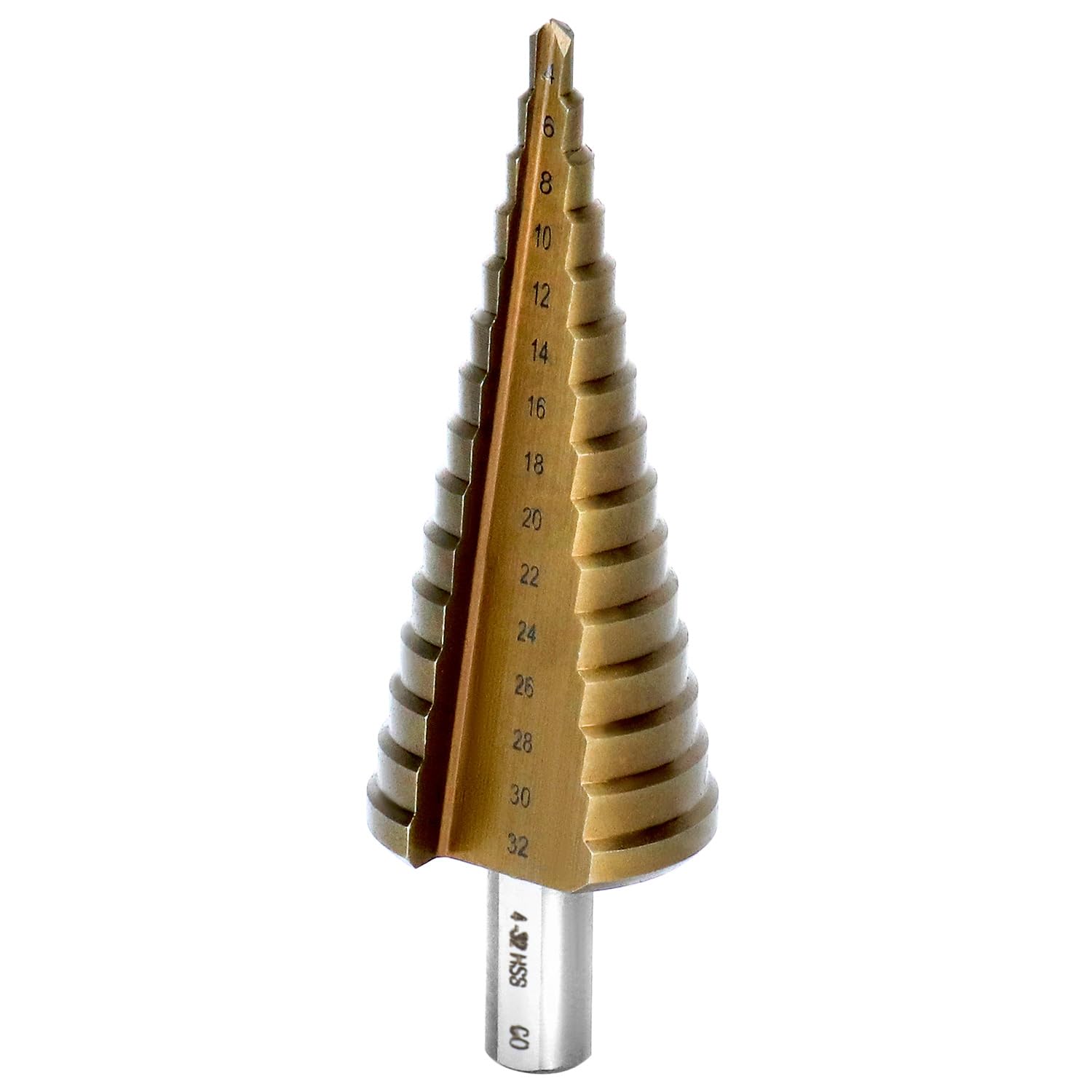 QWORK® Broca escalonada de HSS-Co/M35, 4-32 mm, broca cónica robusta para acero inoxidable/hierro/aluminio/plástico/madera - vástago triangular de 9.5 mm
