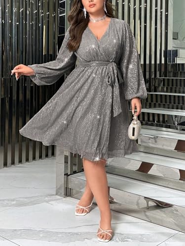 RED DOT BOUTIQUE 876 - Plus Size Elegant Sheer Sleeve Dress with Waist Sparkle Chiffon Mesh Cocktail Dress4