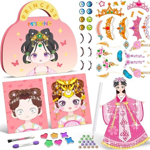 ZHOC Art Craft Activity for Kids, Make Up on Paper DIY Girls Toys Kit with Diamond Painting & Princess Dress Up Set, Ideal Birthday Gift for Girls Ages 4 5 6 7 8 9+ Year Old
