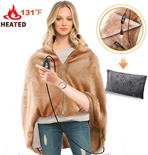 RTDEP USB Heated Shawl Heated Blanket Plush Throw Blanket with Pillowcase, Heated Throw Electric Lap Blanket as a Pillow, Heated Cape Lap Blanket Heated Flannel Blanket（Coffee）