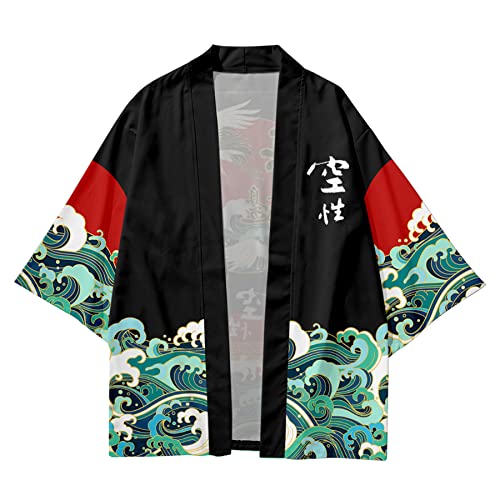 Image of DOSLAVIDA Men's Japanese Kimono Cardigan Suit Chinese Style Printed Jacket Pants Set Open Front Seven Sleeve Top & Shorts