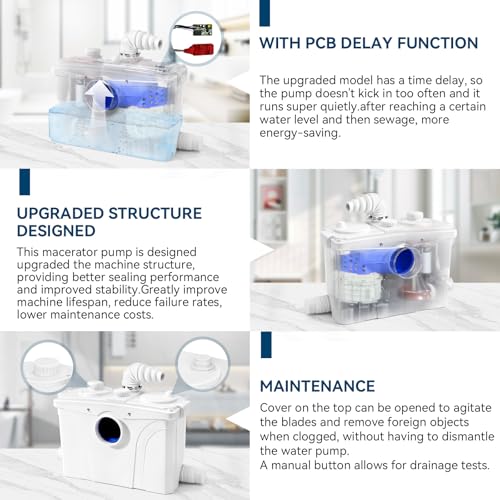 Image of 1.2HP Macerator Pump with PCB Function Toilet Pump Utility Sink Pump Upflush to 32.8FT 2500GPH Macerating Toilet System with 4 Water Inlets 1 Outlets for Toilet Sink Shower Laundry Kitchen Basement