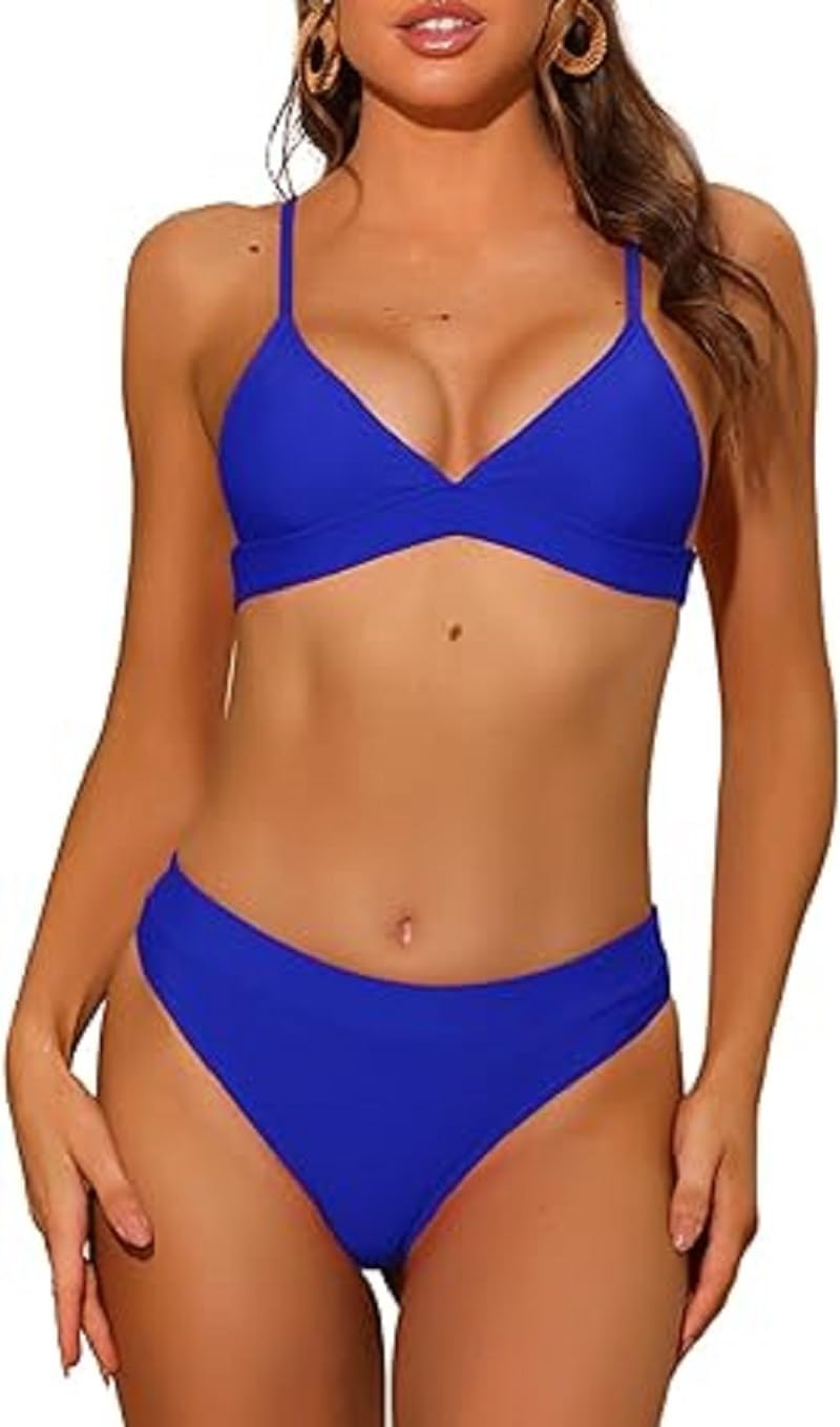 Women’s 2 Piece Triangle Bikini Sets, V Neck Adjustable Spaghetti Straps Top Basic Bottom Swimwear Suits