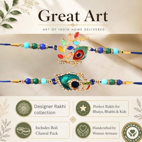 Image of Great Art Raksha Bandhan Rakhi Set with Roli Chawal or Fridge Magnet Card for Brother | Designer Beaded Rakhi Combo Pack-FM115