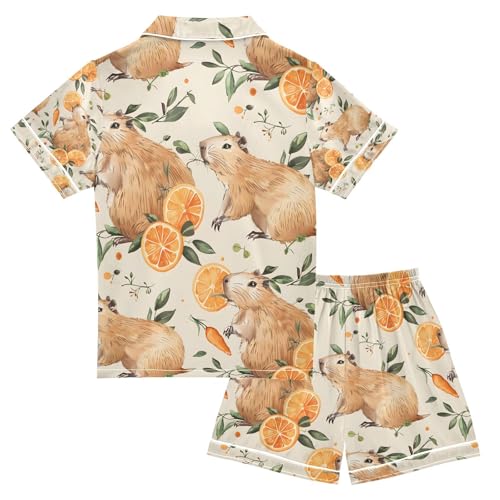 senya Cute Capybaras Eat Oranges Satin Summer Pajama Sets Silk Short Sleeve Button Down Sleepwear2