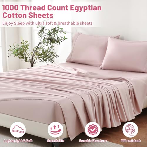 MEISHANG 1000 Thread Count Egyptian Cotton Sheets California King - 100% Egyptian Cotton Sheet Set, Sateen Weave, Soft & Breathable, 16" Deep Pockets - 4 Piece (Cal King, Light Pink)
