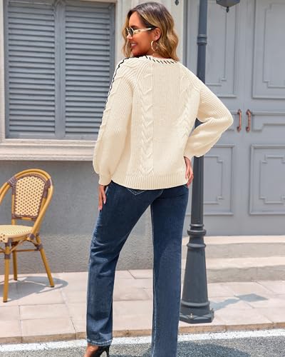 ECOWISH Oversized Sweaters for Women Fall Winter Cable Knit Chunky Color Block Tops Jumper Long Sleeve Crewneck Pullover 20252