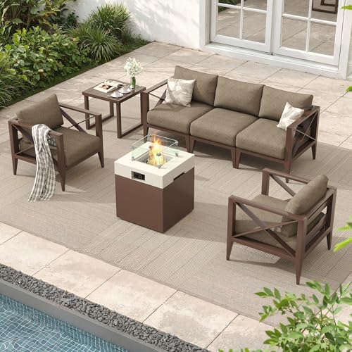 MAISON BACKYARDS Aluminum Patio Furniture Set, 7-Piece Oversized Outdoor Conversation Set with Fire Pit Table & Coffee Table, All Weather Modern Brown Sofa for Deck, Garden, Poolside