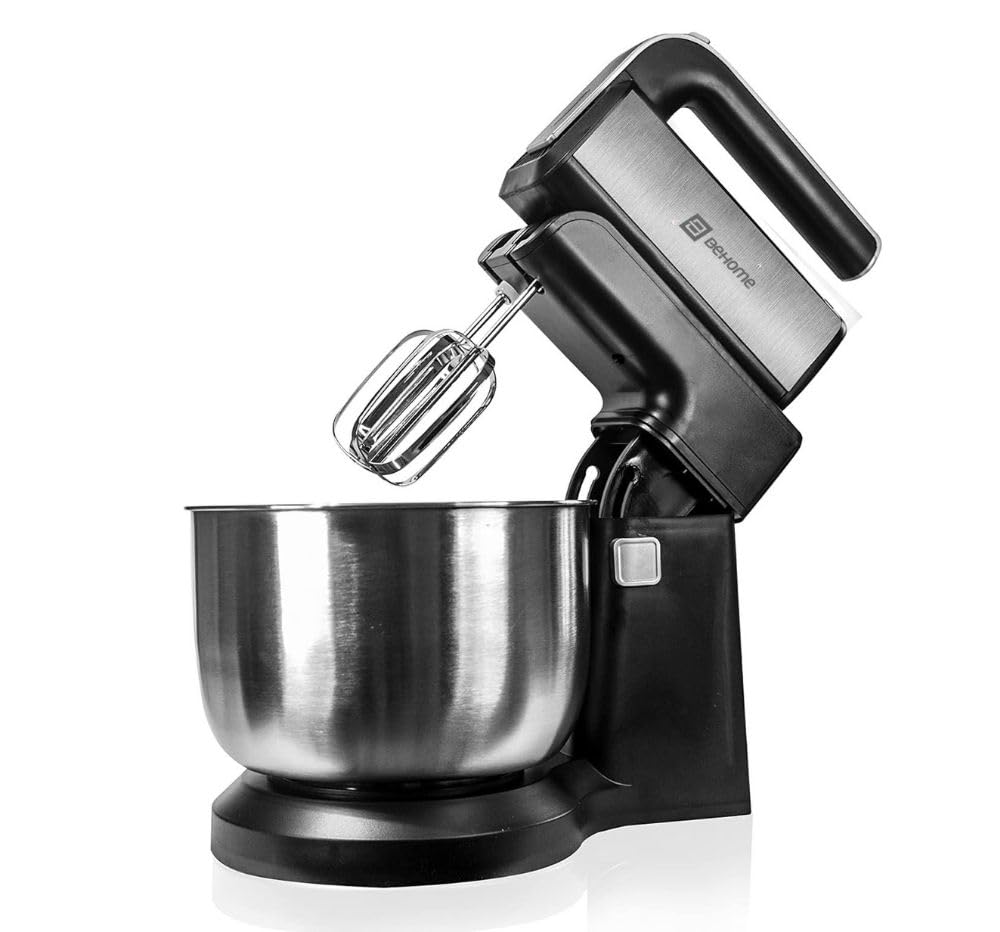 BEHOME Batidora Amasadora Reposteria 5L, Batidora de Varillas con Accesorios 300W, Bol de Acero Inoxidable 5 Velocidades, Función Turbo