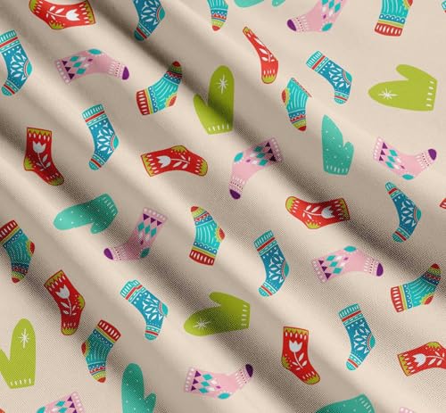 Image of Soimoi White Cotton Poplin Fabric Socks & Gloves Folk Art Print Fabric by Meter 56 Inch Wide