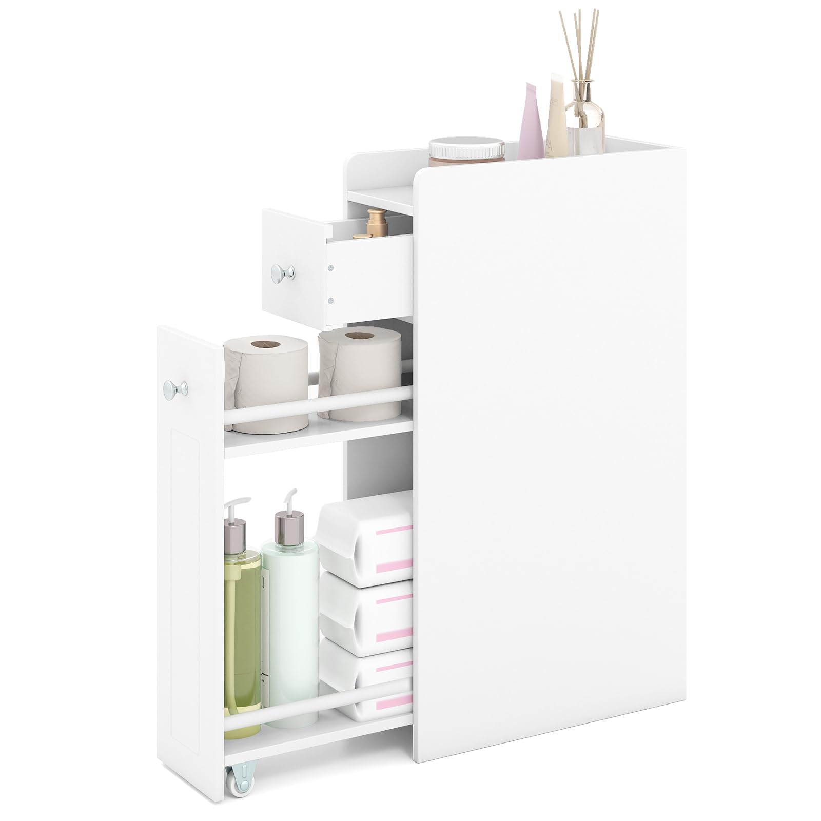 COSTWAY Nischenschrank, Badschrank mit Schublade & Rollen, Badezimmerschrank klein, Aufbewahrungsschrank Holz, Seitenschrank für kleine Räume (Weiß)