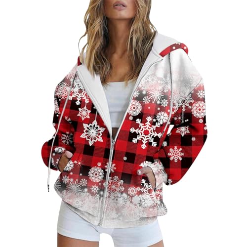 QINQNC Women's Christmas Sweater Hoody Christmas Snowflake Printing Hoodies Casual Loose Zipper Hoodie Sweater Jacket Xmas Winter Warm Coats Gifts for Women,ES (White, XL)