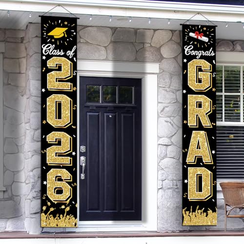 2026 Graduation Decorations Graduation Banner Class of 2026 Hanging Congratulations/Congrats Grad Banner for Door and Porch Party Decor - Black