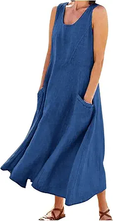 Plus Size Cotton Linen Summer Dresses for Curvy Women 2025 Sleeveless Maxi Vacation Beach Sundresses with Pockets