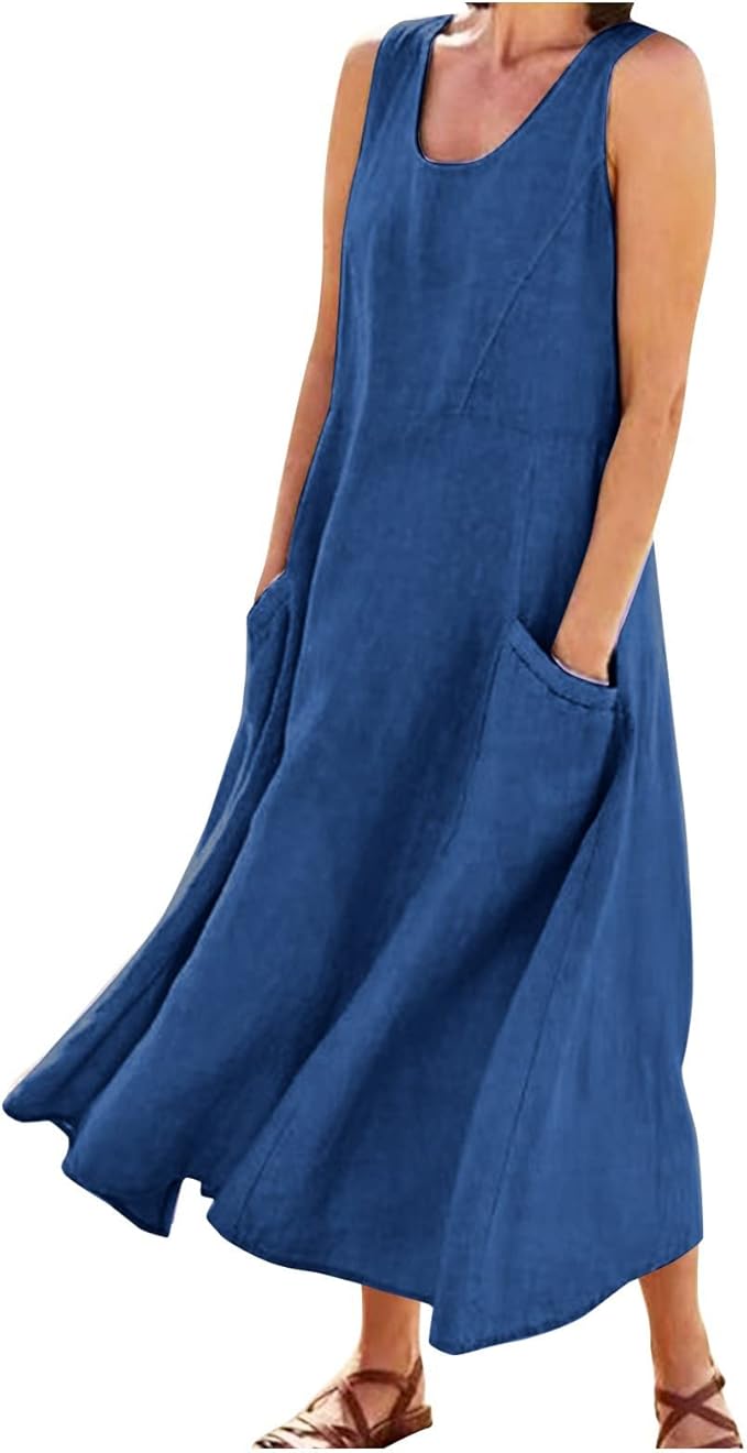 Plus Size Cotton Linen Summer Dresses for Curvy Women 2025 Sleeveless Maxi Vacation Beach Sundresses with Pockets