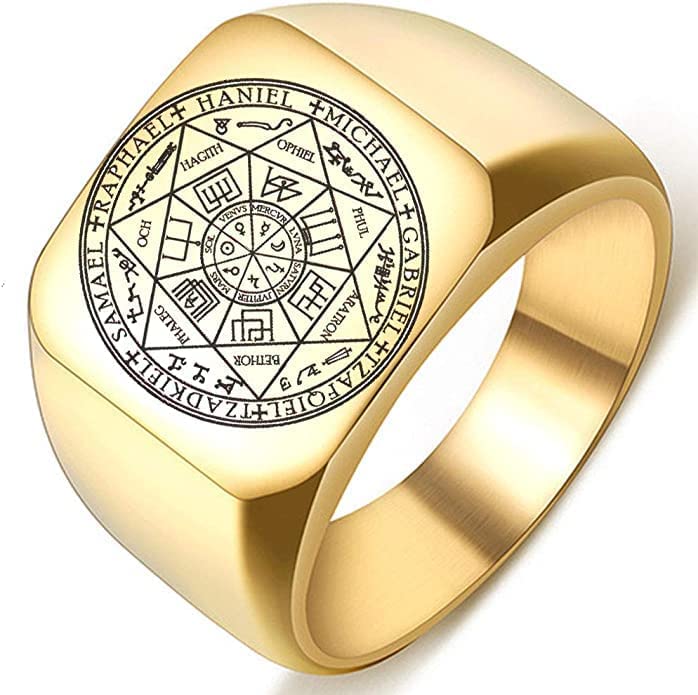 Pure Titanium Steel Ring - Luxury Pure Stainless Steel | The Seals of The Seven Archangels Protection Amulet Seal Solomon Kabbalah Mens (Gold Toned) Ring Jewellery for Men & Boys