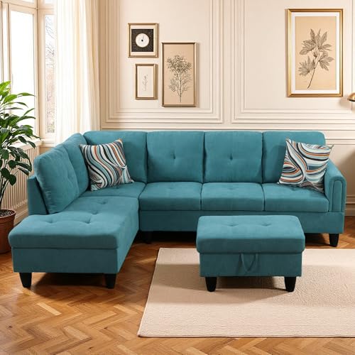 Trygoal L Shaped Couch Sectional Couches with Chaise and Storage Ottoman, Fluffy Fabric 3 Pieces Modular Convertible Sofa for Living Room Furniture Sets and Small Apartment, Teal Blue
