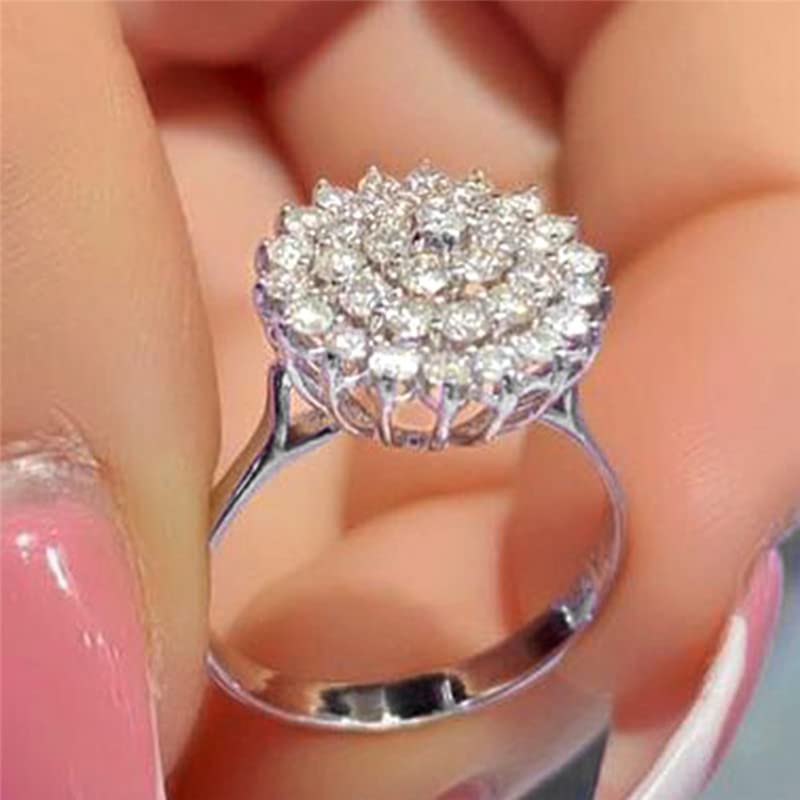 Mnyixsi 925 Sterling Silver Fake Engagement Ring Halo Faux Diamond Cubic Zirconia Studded Promise Ring for Her Flower Shaped Engagement Moissanite Ring Size 93