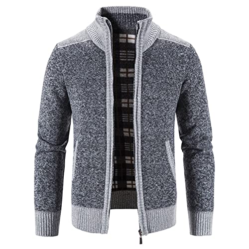 Image of Lu's Chic Men's Long Sleeve Cardigan Sweater Thermal Slim Fit Full Zip Quilted Jacket Business Casual Knit Coats Pocket