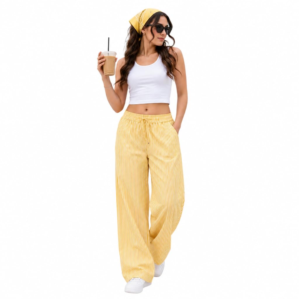 Women's Striped Cotton Blend Wide Leg Pants | Elastic High Waist Straight Fit | Casual Trousers | Soft Breathable Lounge Pants with Side Pockets | Daily & Travel Wear | Office Home Bottoms Wear-image-37