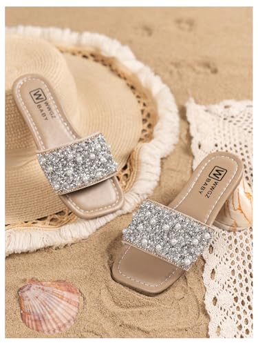 Image of GORGLITTER Girl's Pearls Dress Flat Sandals Glitter Rhinestone Summer Open Toe Teens Slides