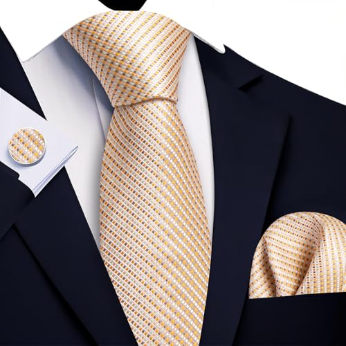 Image of Barry.Wang Tie Sets for Men Silk Stripe Necktie Woven Checkered Handkerchief Cufflinks Formal Business Wedding
