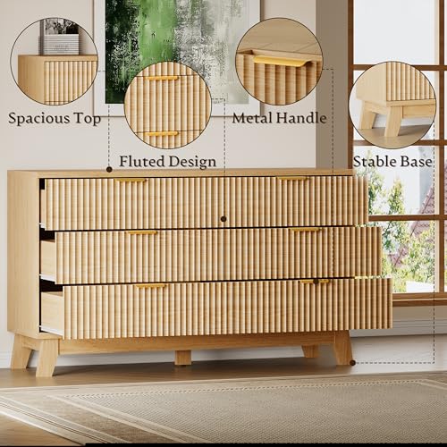 Image of BORNOON Fluted 6 Drawer Dresser, 47.2 inch Wide Modern Boho Chest of Drawers, Wooden Storage Dresser TV Stand for Bedroom, Living Room, Closet, Hallway, Curved Profile Design