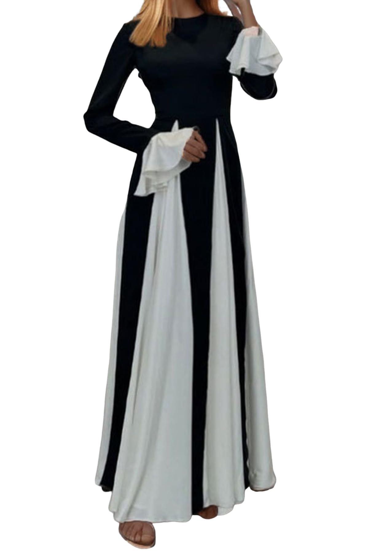 Unybwonn Wedding Guest Dresses for Women Elegant Patchwork Pleated Swing Long Dress Color Block Formal Flowy Maxi Dress