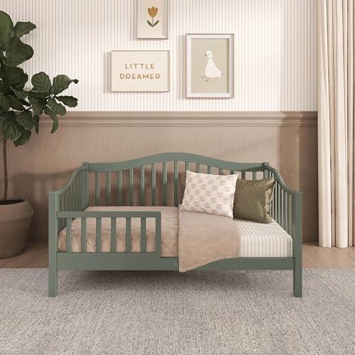 Image of Dream On Me Austin Wooden Toddler Day Bed for Kids, Meadow Green | GREENGUARD Gold Certified & BSA Verified, Low-to-Floor Design, Removable Safety Guardrail, Solid New Zealand Pinewood
